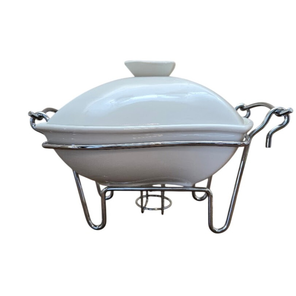 Sienna‎ by Godinger White Porcelain Chafing Serving Dish w/ Warmer Stand and Lid